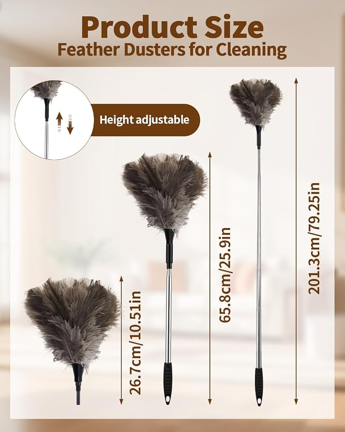 Ostrich Feather Duster, 18-48 Inch Extendable Feather Duster with Natural Fluffy Ostrich Feathers, Dusters for Cleaning Ceiling Fans, Blinds, High Ceilings, Furniture, Cars, Washable & Reusable