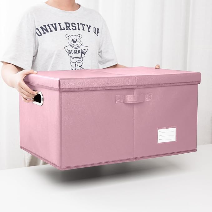 Collapsible Storage Box with Lid [1-Pack] Leather Fabric Foldable Storage Bin Organizer Container Basket Cube with Cover for Home Bedroom Closet Office Nursery Pink (22.8X15.7X11.8)
