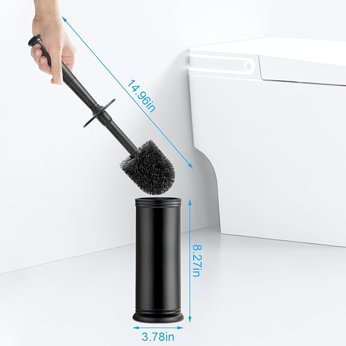 AONEZ Plastic Toilet Brush and Holder Set for Bathroom Cleaning, Black | Extra Long Handle; Splash Guard; Covered Holder; Hard Dense Bristles; Stable Base;