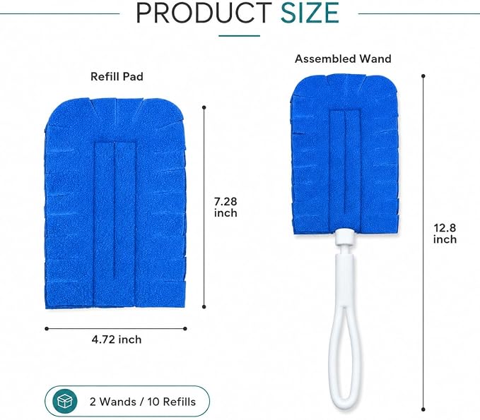 10 Pack Duster Refills with 2 Dusting Wands Reusable Pads | Washable Fleece Cleaning Pads for Blinds Cars Furniture Fans Pet Hair Shelves and Multi Surface Home Cleaning