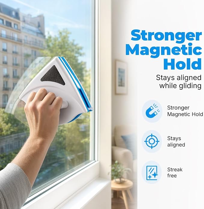 Double Sided Magnetic Window Cleaner, Magnetic Window Cleaner Tool for 3-8mm Glass, Triangle Glass Cleaning Wiper with Safety Rope, Magnetic Glass Cleaner for Home Windows (2pcs)