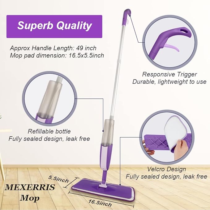 Spray Mops for Floor Cleaning: Hardwood Floor Mop with 2 Bottles Refillable | 3 Washable Pads for Swiffer PowerMop, 360° Swivel Head, Wet Mop Reusable, Commercial Dust Mop for Wood Laminate Ceramic Tiles