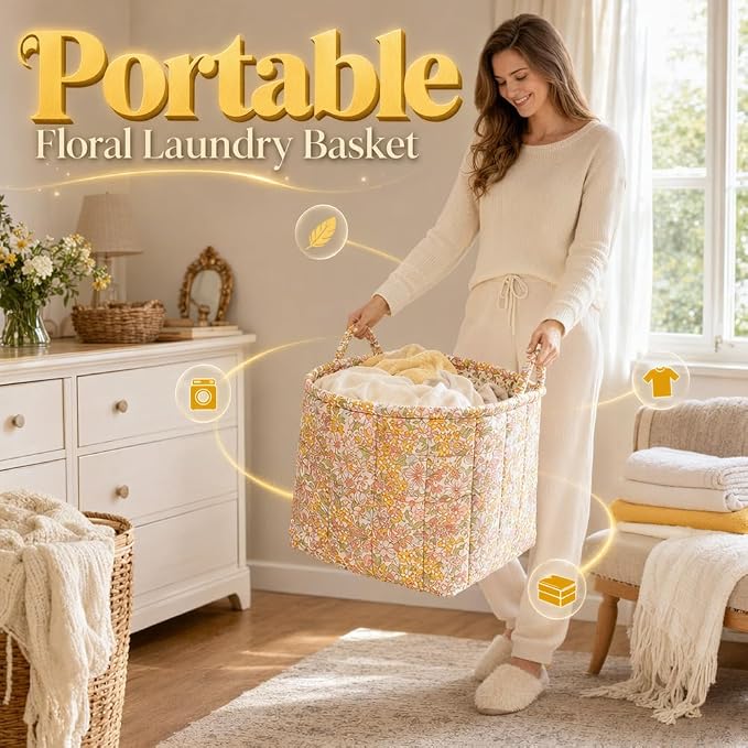 Foldable Laundry Boho Floral Quilted Storage Bin Basket with Handles for Clothes, Car Organizer, Collapsible Hamper ，4