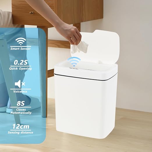 4 Gallon Plastic Automatic Bathroom Trash Can with Lid, 15 L, White | Touchless Motion Sensor Trash Can for Kitchen Bedroom Office