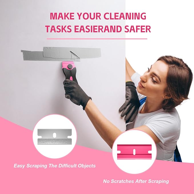 3 Pack Razor Blade Scraper Set, Includes 30 Plastic & 30 Metal Blades(Pink) | Multi-Purpose Tool for Glass, Cooktop, Sticker Removal, Paint & Gum Cleaning