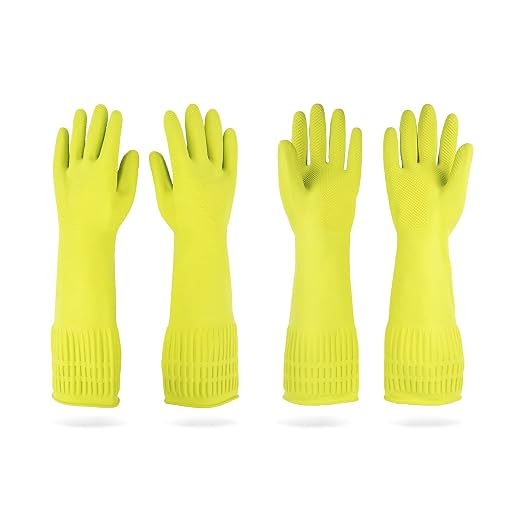 Mamison Rubber Dishwashing Gloves, Non-Slip Kitchen, Green Medium, 2 Pairs | Korean natural latex, long cuff, thick and durable, textured non-slip grip, for dishwashing and kitchen cleaning