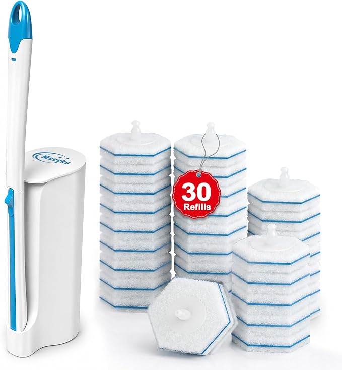Msvvko Toilet Wand, Disposable Toilet Brush and Holder Set, 30 Refills | Toilet Cleaning System with Storage Holder, Durable Wand & Disposable Heads for Rich Foam Cleaning of Toilets, Sinks & Glass