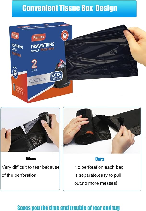 2 Gallon Trash Bag,100 Counts Strong Small Trash Bag Garbage Bags,Thick Drawstring Trash Can Liners for Bathroom Kitchen Bedroom Office Dorm (2, Gallons)