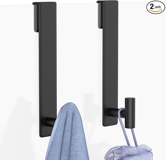 PMMASTO 10 Inch Shower Hooks for 3/8 Inch Glass, Black- T Shape | Stainless Steel Hooks Organize Towels And Robes on Frameless Glass Shower Doors in Bathrooms