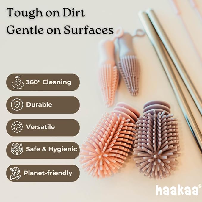 Haakaa Food-Grade Silicone Cleaning Brush Kit 3-Piece (Kit-Grey) | Household Cleaning Brushes Food-Grade Silicone Dishwasher Safe