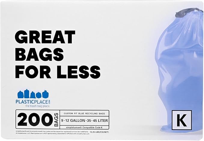 Plasticplace Custom Fit Trash Bags, Compatible with simplehuman Code K (100 Count) Tinted Blue Drawstring Garbage Liners 10 Gallon / 38 Liters, 24" x 28"