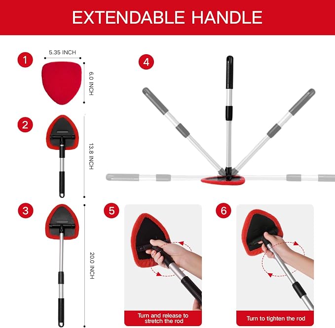 Qydipclin 10pcs Windshield Cleaner Tool, Car Window Cleaning Wash Kit with 4 Reusable Microfiber Pads 1 Spray Bottle and Extendable Handle Auto Glass Wiper Kit, Red