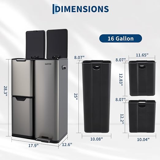 Garvee 3 Compartment Trash Can, 16 Gal Garbage and Recycle Bin Combo | 3 in 1, Triple Bins, Stainless Steel, Soft Close Lid & Foot Pedal, Removable Inner Buckets, for Home Kitchen Office, Gray