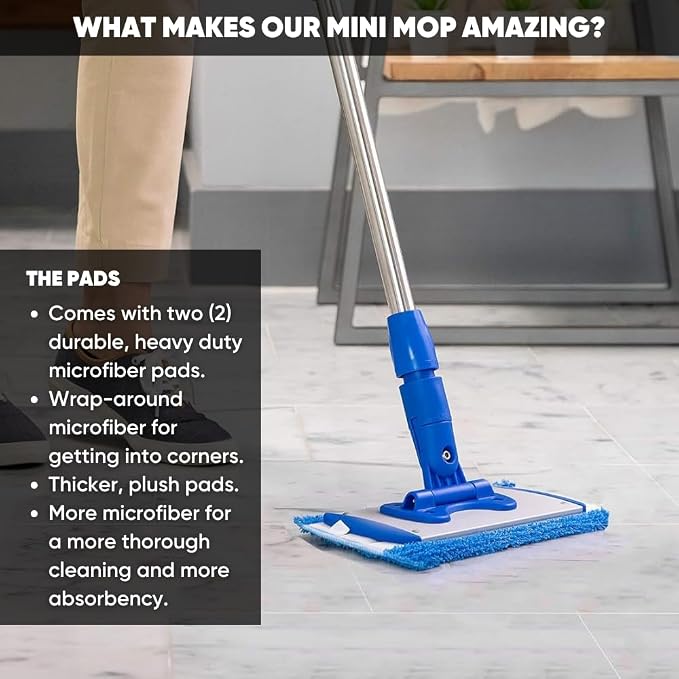9" Mini Microfiber Mop System for Tight Spaces & Walls | Flat Floor Mop | Adjustable Stainless Steel Handle | 360° Swivel | 2 Washable Microfiber Pads | Hardwood, Tile, Vinyl