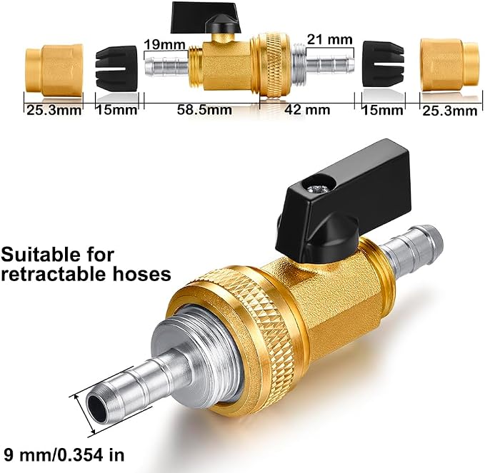 SIGURANTA Garden Expandable Hose Repair Kit, 0.354" Hose Barb Adapter | 3/4" GHT brass shut-off valves, repair parts for inner-tube expandable hoses to fix outdoor garden hose leaks quickly.