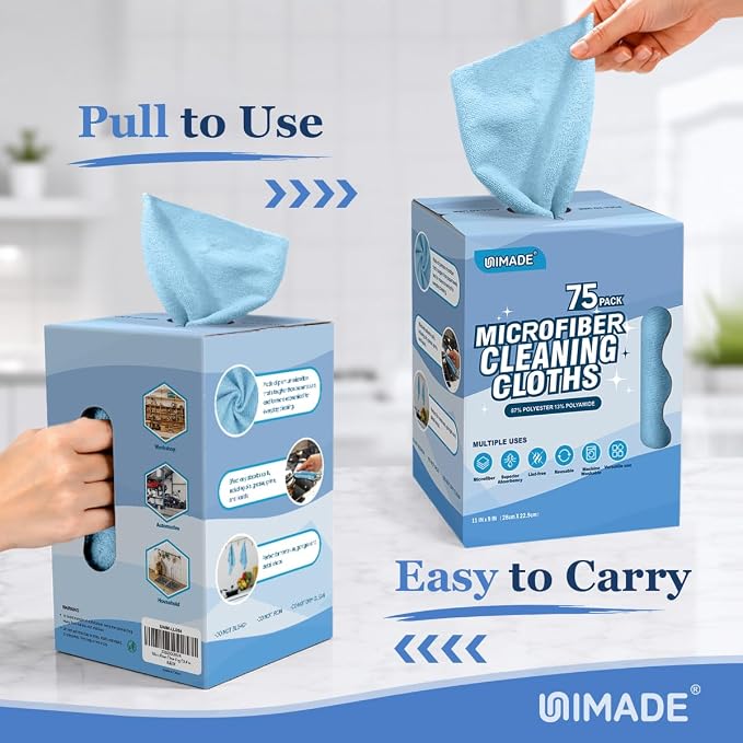 Microfiber Cleaning Cloth, 75 Sheets Microfiber Towels for Cars | Commercial Grade Washcloths Lint-Free Bulk Shop Towel Cleaning Rags for Household Restaurant Garage, 11"x 9", Blue