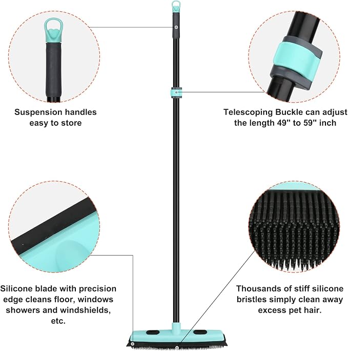Rubber Broom Carpet Rake for Pet Hair Removal, Fur Remover Broom with 59" Telescoping Long Handle, Pet Hair Broom with Squeegee for Carpet, Hardwood Floor, Tile | Fur Remover Broom Pet Hair Broom with Squeegee for Carpet, Hardwood Floor, Tile, 59" Tele...