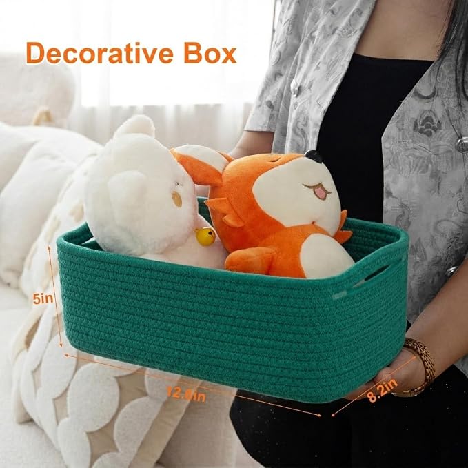 3Pack Small Woven Storage Baskets for Shelves Organizing | Cotton Rope Closet Organizer Bins, Basket for Gifts Empty, Nursery, Living room, Dog Toy Basket 13.2x8.2x5.2 in, Green