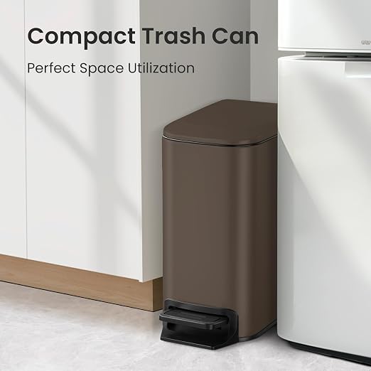 Cesun Small Bathroom Trash Can with Lid, 1.6 Gal, Soft Close, Brown | Step pedal soft close, Slim 5.9in fits narrow spaces, Stainless steel, Anti-fingerprint, Removable inner bucket, Odor seal