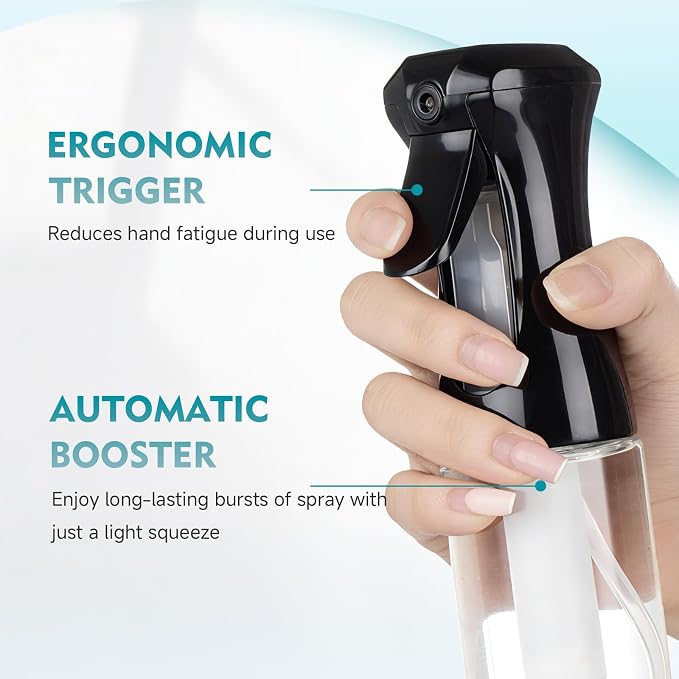 Continuous Spray Bottle for Hair, 6.8 OZ Ultra Fine Mist Spray Bottle | Leak Proof, Pre-Compression Technology, 360° Mist Sprayer for Hair Styling, Cleaning, Watering and Pets