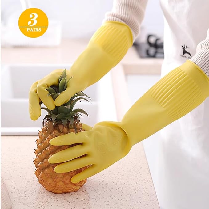 3-Pair 17.8-Inch Elbow-Length Reusable Rubber Waterproof Household Cleaning and Kitchen Dishwashing Gloves - Large Size