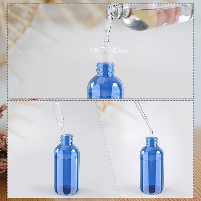4 oz Mini Glass Spray Bottles, Empty Small Spray Bottles with Funnel Dropper, Fine Mist for Hair, Travel, Plants, Cleaning Solutions and Skin Care (4 Pack Sky Blue)