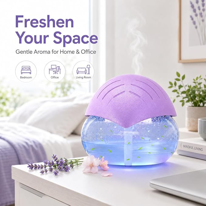 Air freshener (Purple) - for Home, Bedroom and Office - Essential Oil Aroma Diffuser with LED Coloured Night Light with Soothing Water Flow Sound - Water Filtered air Purifier for Pets and Smokers.