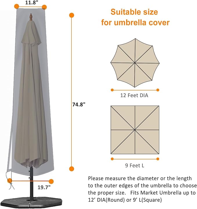 OKPOW Patio Umbrella Cover Waterproof: Fit 9ft to 12ft Outdoor Umbrellas | 420D Oxford with Long Zipper, Protect Umbrella from Sun, Rain, Snow & Dust, Helping Extend Outdoor Umbrella's Life