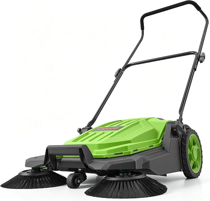 VEVOR Walk-Behind Hand Push Floor Sweeper, Manual Floor Sweeper Non-Electric with 25.6" Sweeping Width, 5 Gallons Waste Container & Adjustable Folding Handle for Yards Walkways Patios Garages - Green