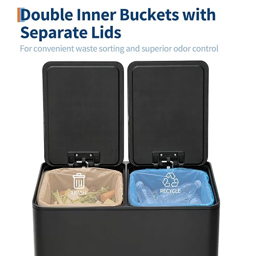 5gal Stainless Steel Double Trash Can with Lid for Kitchen, Large Dual Trash and Recycle Bin Combo, Step-on Kitchen Metal Garbage Cans, PP Inner Buckets, Liner Rim, Black