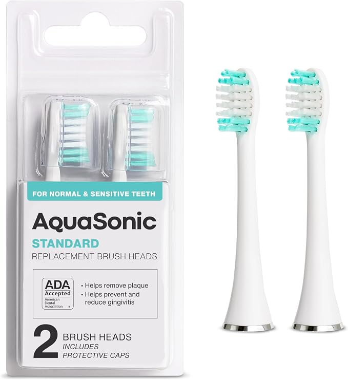 AquaSonic Genuine Standard Replacement Brush Heads | ADA Accepted | for Normal & Sensitive Teeth | Compatible with Many AquaSonic Toothbrush Handles (2 Pack White)