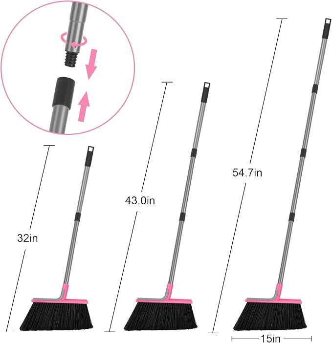 KeFanta Heavy Duty Outdoor Broom with 54.7" Long Handle, Pink | Commercial Brooms for Sweeping Outdoor Concrete Courtyard Garage Patio Indoor Home Floor Kitchen Office Lobby
