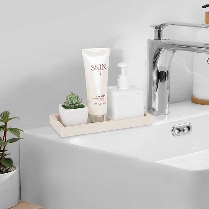 Silicone Bathroom Vanity Tray Dish Soap Holder Sink Organizer, Beige | Small, Thickened Silicone, Easy to Clean, Waterproof, Non-Slip, for Countertop, Kitchen, Bedroom, Dresser