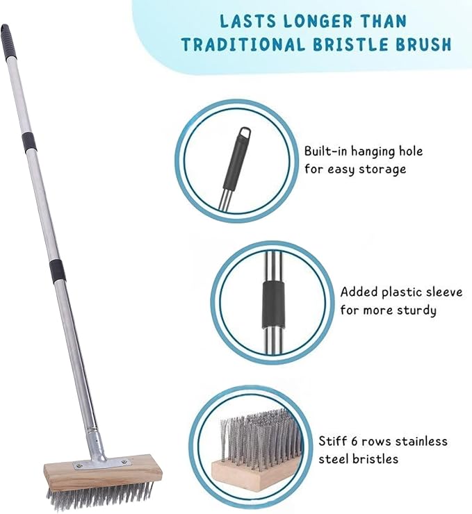 Deck Brush with Long Handle, Wire Deck Scrub Brush, High Efficiency Stainless Steel Deck Scrubber for Cleaning Concrete Patio Floor
