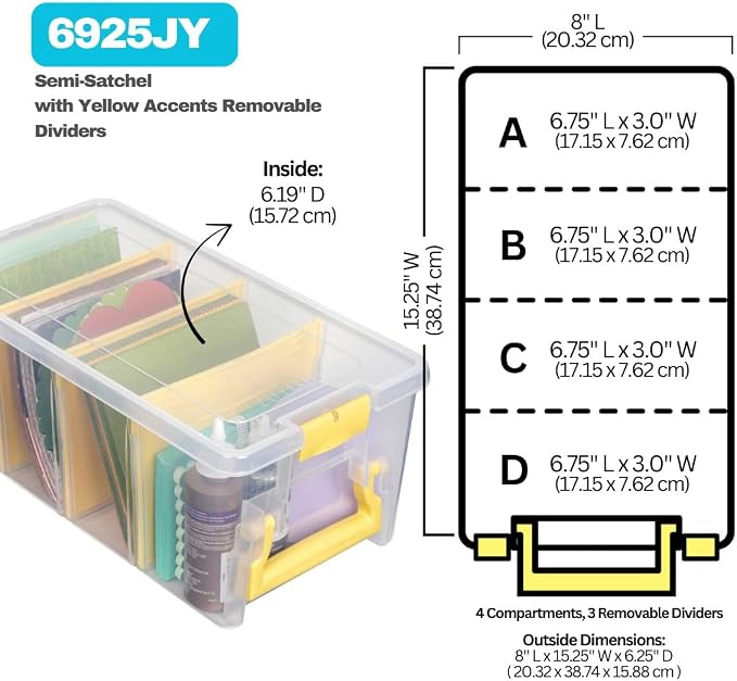 ArtBin Semi Satchel Craft Organizer with 3 Dividers, Yellow Accents | 3 Removable Dividers, 15.2 x 8 x 6.2 Inches, Secure Latches, Carry Handle, Clear Durable Polypropylene