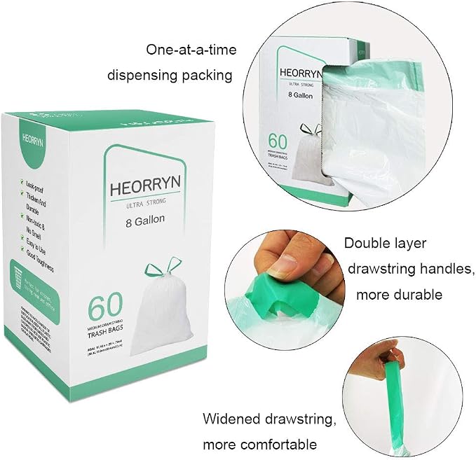 8 Gallon Drawstring Trash Bags,0.79 Mil Strong 60 Count Medium Garbage Bags | Ultra Strong Medium Trash Bags with Drawstring Closure,Unscented White Garbage Bags for Kitchens,Offices and Daily Cleanup