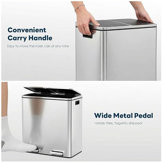 ComfyCorner 2 x 8 Gallon (2 x 30 L) Rectangular Stainless Steel Trash Can | Dual Compartment Garbage Bin with Recycling Combo, Metal Dustbin Lid,Removable Liner,Hands Free Waste Bucket for Kitchen Home