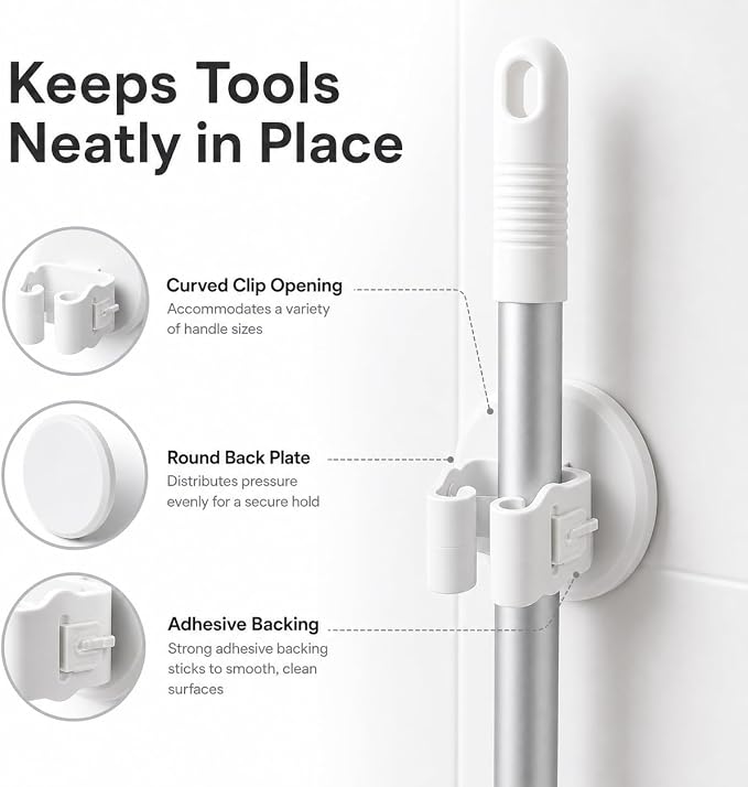 Broom and Mop Holder, Wall Mounted Round Clips, White ABS, No Drill Adhesive, 3 Pieces, Cleaning Tool Organizer for Kitchen, Bathroom, Garage