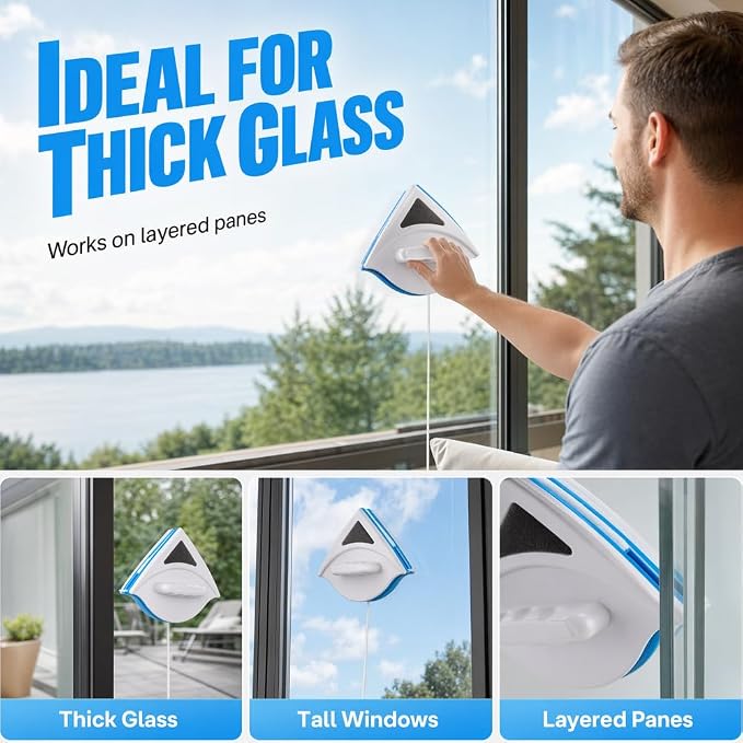 Double Sided Magnetic Window Cleaner, Magnetic Window Cleaner Tool for 3-8mm Glass, Triangle Glass Cleaning Wiper with Safety Rope, Magnetic Glass Cleaner for Home Windows (2pcs)