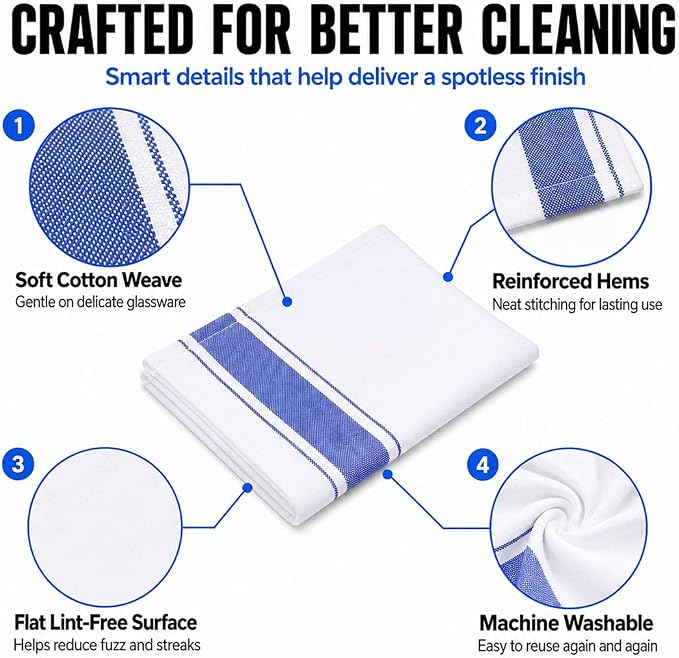 Premium Cotton Glass Cleaning Cloth, Highly Absorbent Wine Glass Polishing Cloths, Streak Free Lint-Free, Reusable Fast Drying Towels Polish Cloth for Glass Window Mirror (3*Blue, 20 * 28in)