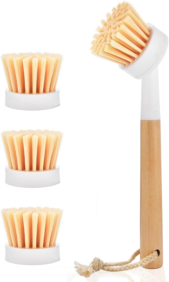 ALINK Dish Brush with Handle and 3 Replacement Heads, Pot and Pan Cleaning Scrub Brush for Kitchen, Sink, Stove, Cast Iron Scrubber