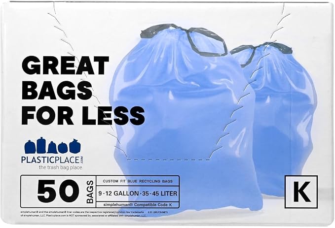 Plasticplace Custom Fit Trash Bags, Compatible with simplehuman Code K (50 Count) Tinted Blue Drawstring Garbage Liners 10 Gallon / 38 Liters, 24" x 28"