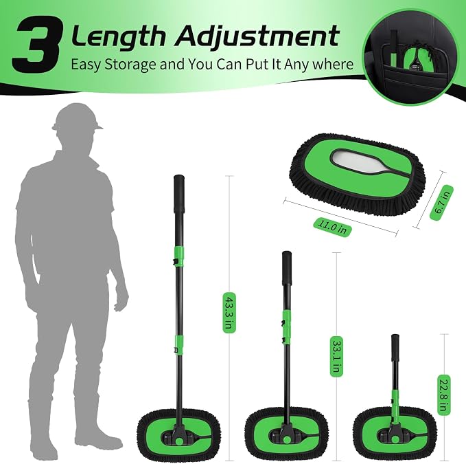 HIPPIH 15° Curved Car Wash Brush with Long Handle, 2 Scratch-Free Mop Heads | 43" Microfiber Car Cleaning Brush with Extension Pole, Exterior Car Wash Supply Kit for Roof RV Truck Camper SUV Caravan Boat
