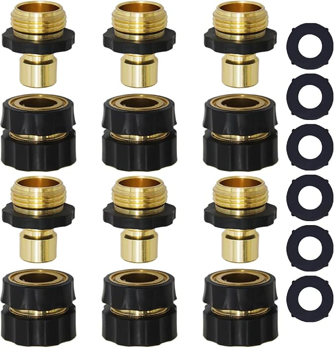 Twinkle Star 3/4 Inch Garden Hose Fitting Quick Connector, 6 Sets | Male and Female Set, 6 Sets, Extra Rubber Washers