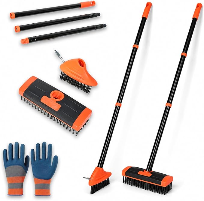 3-in-1 Weed Brush Combo Set with Long Handle, Deck Scrub Brush for Patio, Driveway & Walkway, Crack Cleaning Brush with Wire Bristles and Hook Tool for Pavers, Stone Joints Outdoor (Orange)