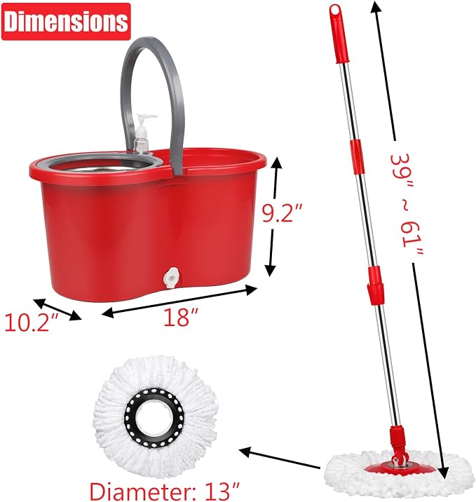 Spin Mop and Bucket with Wringer Set, 3 Mop Heads, 61" Adjustable Handle | 360° Spinning Mop Bucket System with 3 Microfiber Mop Heads & 61" Stainless Steel Adjustable Handle for Floor Cleaning