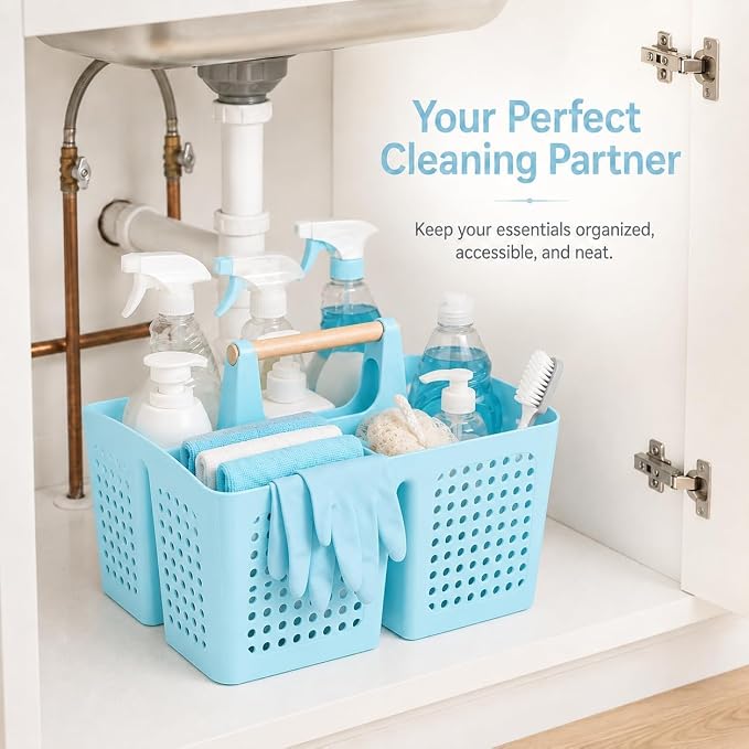 Portable Shower Caddy Basket with 3 Compartments and Handle, Light Blue | Plastic Divided Toiletry Organizer for Bathrooms, Guest Rooms, Spa Areas, Skincare, Pools, Vanities and Dorms