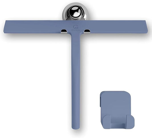 Silicone Shower Squeegee with 3-in-1 No-Drill Mount, Blue, 11'' | Streak-Free & No-Squeak Window Cleaning, Stainless Steel Core, Hook/Suction/Adhesive, Squeegee for Glass Doors & Mirrors
