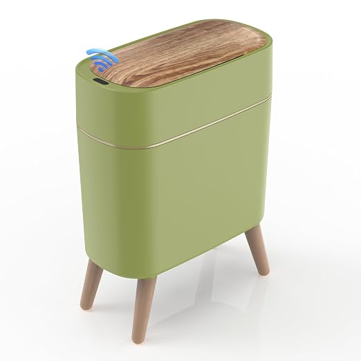 suyika Automatic Trash Can, 2.6 Gallon/10L, Wood Grain Lid and Legs | Bathroom Trash Can with Lid, Touchless, Waterproof Garbage Bin, For Bedroom, Bathroom, Office, Living Room