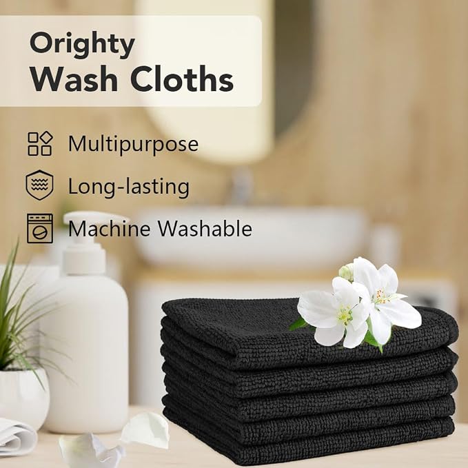 Orighty Washcloths Bulk, 200 Pack Microfiber Face Towels, 12x12 Inch Black | Highly Absorbent & Soft Feel, Multi-Purpose Wash Cloths & Hand Towels for Bathroom, Hotel, Spa, and Gym